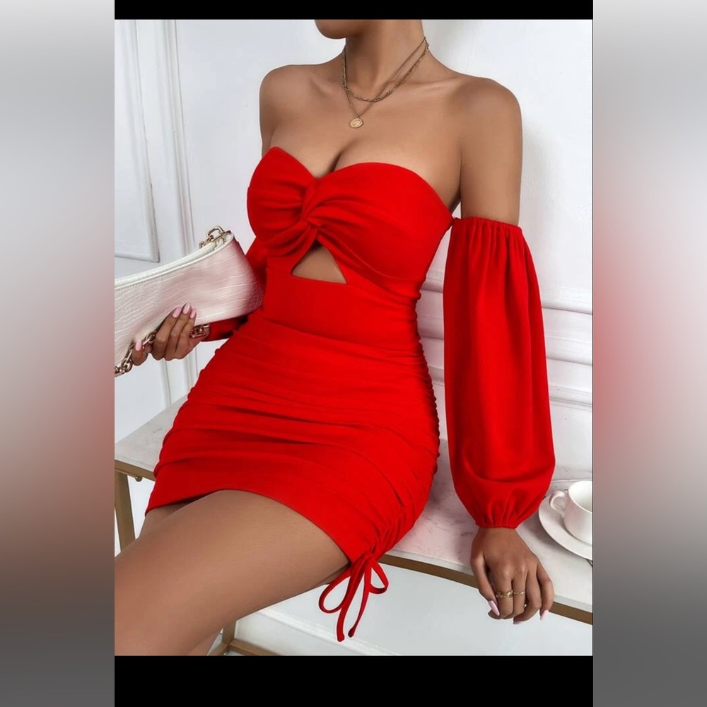 Shein Off Shoulder Twist Front Drawstring Ruched Bodycon Dress; Red Party Dress
